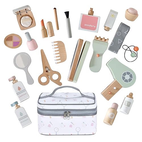 Smartwo 22 PCS Wooden Makeup Toy Set for Toddler Pretend Play,Wood Beauty Salon Toys Cute Wooden Makeup Kit with Realistic Accessories Gift for Girls 3 4 5 6