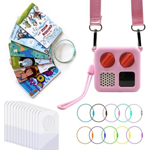 Silicone Case + Card Tabs&Rings Bundle, Adventue Jacket for Yoto Mini with Shoulder Strap+200 PCS Card Tabs 10 Rings, Yoto Accessories Protective Cover and Yoto Card Holder, Pink