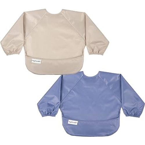 Tiny Twinkle Mess Proof Baby Bibs, 2pk Waterproof Smock Baby Bibs for Eating, Machine Washable Long Sleeve Bibs, Baby Led Weaning, Toddler Bibs, BLW Supplies (Periwinkle Putty, Small 6-24 Months)
