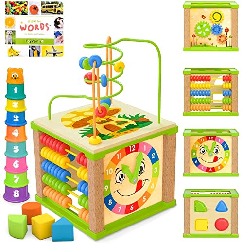 TOYVENTIVE Wooden Activity Cube, Montessori Toys, Multipurpose Educational Sensory Toy for 1-2 Year Old Baby, Toddler, Kid, Boy | Birthday Gift | Bonus First Words Book