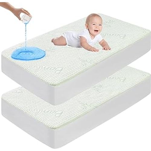 2 Pack Waterproof Crib Mattress Protector, Bamboo Viscose Breathable Crib Mattress Pad Cover for Baby Mattress with 4-13 inches Deep Pocket