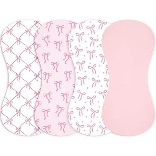Boao 4 Pcs Pink Bows Baby Burp Cloths Pink Bow Soft Plush Newborn Spit up Rags Coquette Burp Cotton Cloths Rag for Boy Girl Newborn Infant Gifts Nursery Decor 20.87 x 9.84 Inches