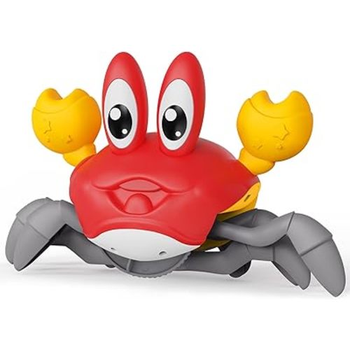 Crawling Crab Baby Toy, Tummy Time Sensory Toys, Boys & Girls Toys with Music LED Light, Dancing Walking Crab Montessori Toy Present for Birthday | Christmas | Halloween (Red)