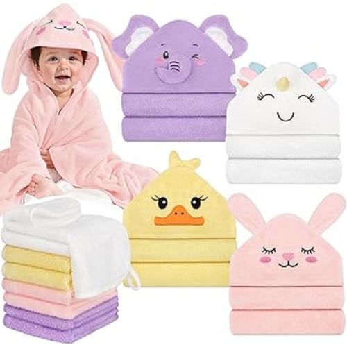 CandyHome 12 PCS Baby Bath Towels for Infants Toddlers, 4 PCS Animal Hooded Baby Towels & 8 PCS Washcloths Set, Ultra Absorbent Soft Cute Newborn Essential Gift for Boys & Girls