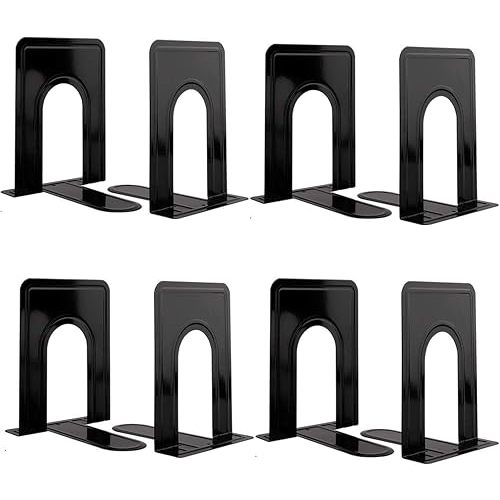 Metal Book Ends for Shelves, Book Shelf Holder Home Decorative, Book Ends for Heavy Books/Movies/CDs, Black 6.5 x 5 x 5.7 in, 4 Pair/ 8 Piece
