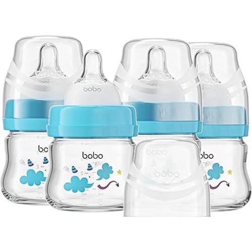 YOHKOH Glass Baby Bottles with Slow Flow Nipple, Newborn Anti-Colic Baby Bottles for 0+ Months, Wide Neck Feeding Bottle, Clear (Blue, 2.7oz (Pack of 4))
