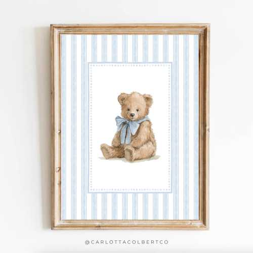 Bear Nursery Art Vintage Nursery Blue Boy Nursery Decor Grandmillennial Nursery Teddy Bear Poster Vintage Blue Bear Poster Baby Boy Room