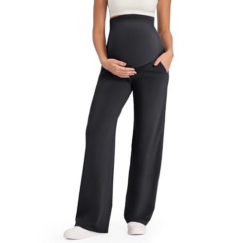 G4Free EverGoing Maternity Pants Over the Belly Yoga Dress Work Stretchy Lounge Pregnancy Wide Leg Trousers with Pockets