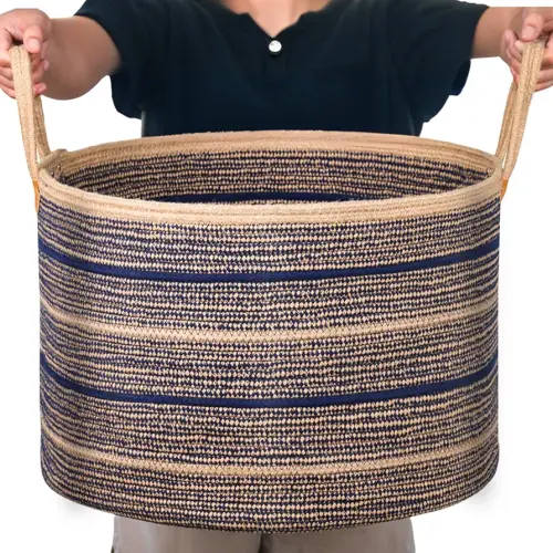 Sapphire Blue Large Blanket Basket, 22"x22"x14" | Jute Blanket Basket Living Room, Laundry, Nursery | Toy Basket for Blankets, Toys, Hand Woven Crafted (Brown&Blue)