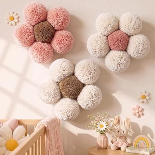 RattanView 3 Pcs Boho Flower Wall Decor, 7.87" Pom Pom Daisy for Nursery