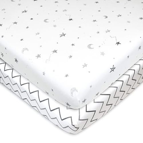 American Baby Company 2 Pack 100% Natural Cotton Fitted Pack and Play Sheets 39" x 27" - Soft & Breathable Pack N Play Sheets for Playard & Mini Crib Mattress, Grey Stars/Zigzag, for Boys & Girls
