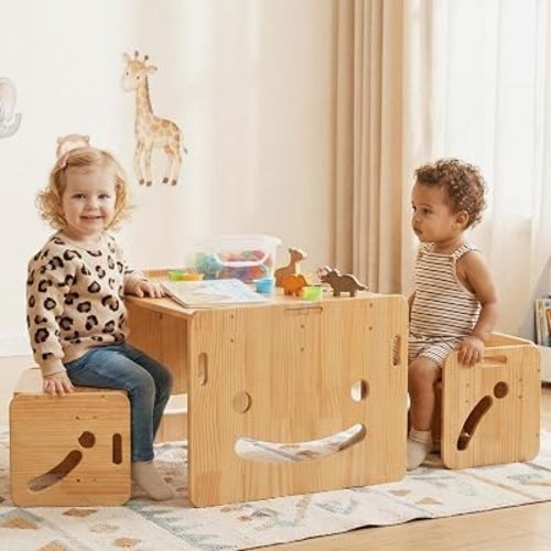 FUNLIO Height Adjustable Montessori Weaning Table and Chair Set for Age 1-3, Quality Solid Wood Toddler Table and 2 Chairs, Kids Table and Chairs for Reading/Eating/Playing,CPC Certified (3pcs Set)