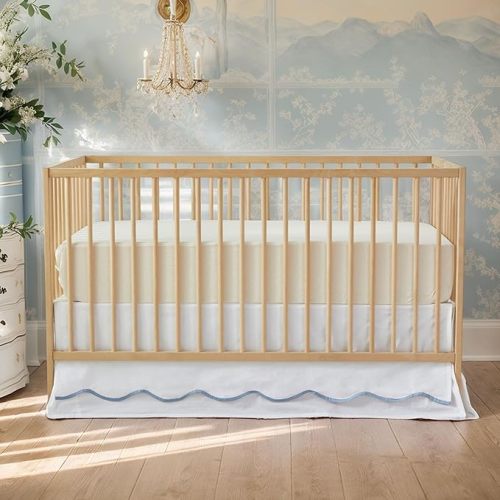 Brandream Scallop Edge Cotton Crib Skirt Toddler Bedskirt Baby Nursery Crib Bed Skirt 2-Tiered Boho Bohemian Neutral Solid Color Cream Off White with Blue Edge Farmhouse Chic Skirt