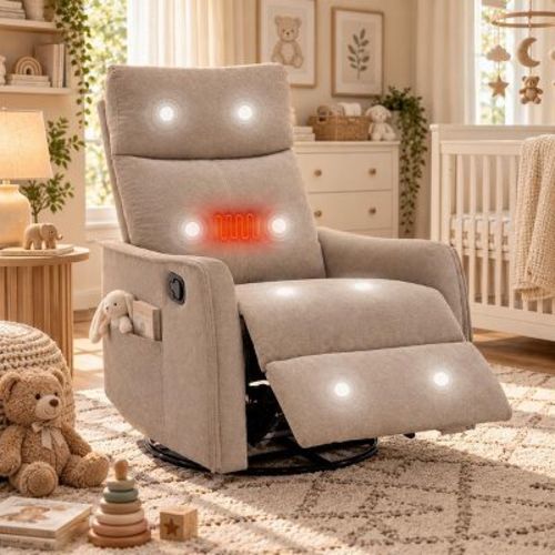 Swivel Rocker Recliner Chair, 360° Swivel Recliner with Heat and Massage, Rocker Recliner Nursery Glider Chair with Side Pockets for Living Room