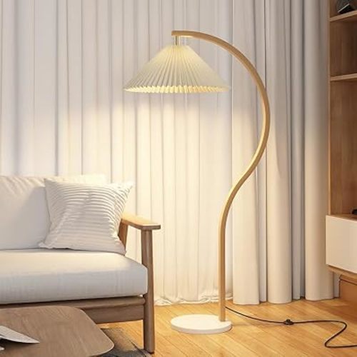 Unique Shape Floor Light, Modern 1 Light Floor Lamp, Marble Floor Lamp, Marble Base Standard Lamp with Fabric Shade for Living Room, Bedroom, Office (Wood Color)