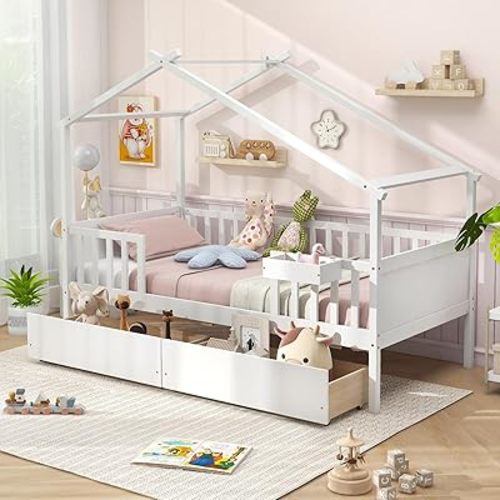 Giantex Twin House Bed, Wooden Twin Bed Frame, White Montessori Beds, with Drawers, with Cube Storage, Fence Rails, for Kids Boys, Girls, Bedroom, Living Room, No Box Spring Needed