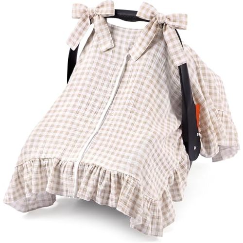 Tegeme Gingham Muslin Baby Car Seat Cover 2 - in -1 Breathable Multi-use Nursing Infant Car Seat Cover Windproof Canopy for Breastfeeding Strollers Carriers