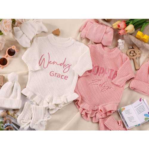 Custom Embroidered Baby Ruffle Romper, Knitted Infant Name Newborn Romper, Christmas Gift For Girl