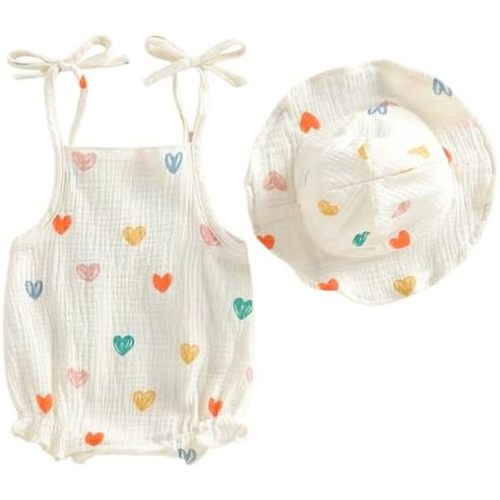 Mubineo Baby Girl Clothes Summer Cotton Linen Bubble Romper Sleeveless Smocked Rompers Jumpsuit Sun Hat Boho Outfits