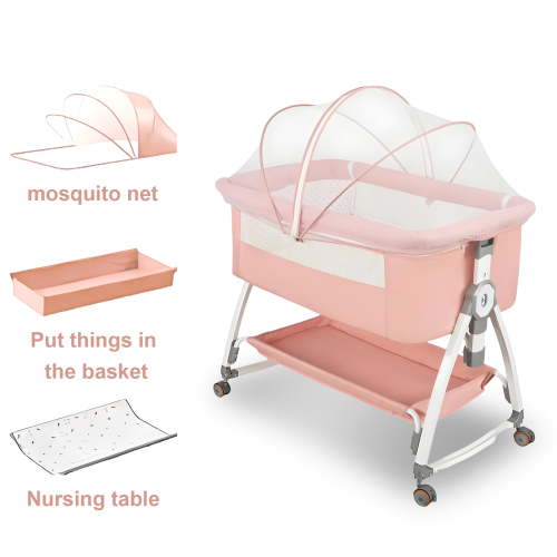 StarZe Foldable Baby Bassinet with Changing Table and Locked Wheel, Adjustable Height, for 0-12 Months,Pink.