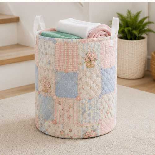 Vintage Patchwork Quilted Laundry Basket, Cottagecore Floral Hamper, Shabby Chic Fabric Storage Bin, Foldable Nursery Toy Organizer