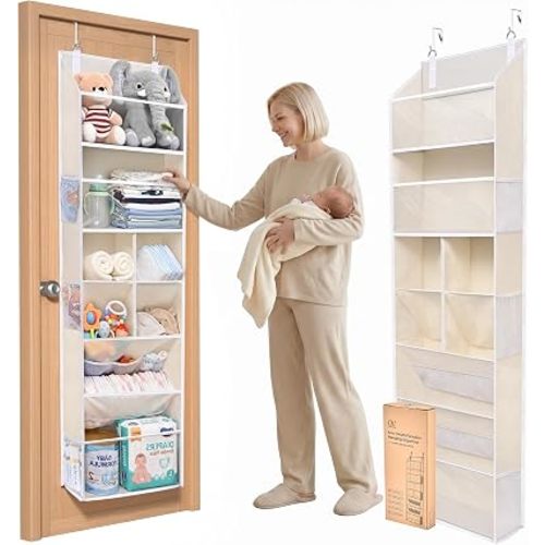 6-in-1 Over Door Hanging Organizer with 12 Mesh Pockets, 44 lbs Capacity, Warm Beige – Versatile Behind Door Storage for Baby Nursery, Newborn Essentials, Bedroom, Bathroom & Dorm