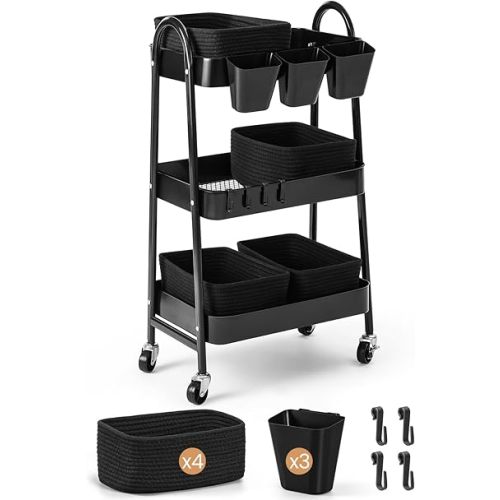 3-Tier Rolling Utility Cart with 4 Woven Baskets, Diaper Book Snack Cart, Storage Organizer for Nursery, Kitchen, Craft Room, Home SPA, Living Room, Metal Frame Trolley on Lockable Wheels, Black