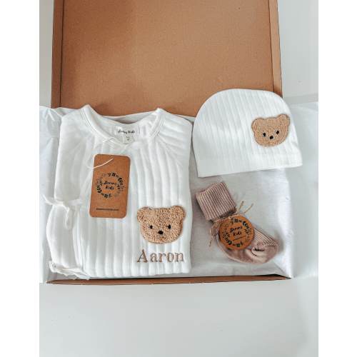 EMBROIDERED-PERSONALISED Baby Bear Gift Set of 3| Milk White Cotton Romper, Beige Socks, Bear Beanie Hat |Gender Neutral Babyshower Gifts