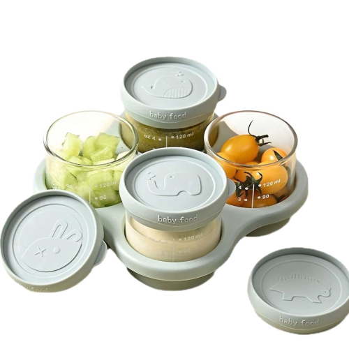Baby Food Containers Glass Set, 4 Pack Baby Food Storage Containers with Silicone Lids & Tray, Leakproof Microwave & Freezer Safe Glass Baby Food Containers（Blue）