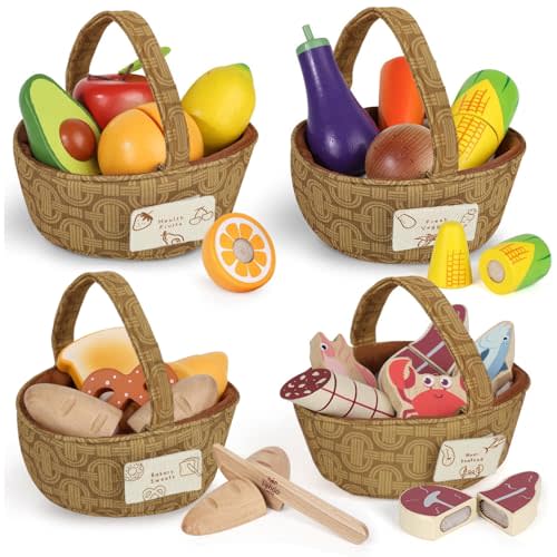 Lehoo Castle Wooden Play Food Set for Toddlers, Play Kitchen Accessories | Pretend Play Cutting Toys, 4 Baskets with Fruits Vegetables Meats Breads, Montessori Sorting Toys for Girls Boys Kids 3-5