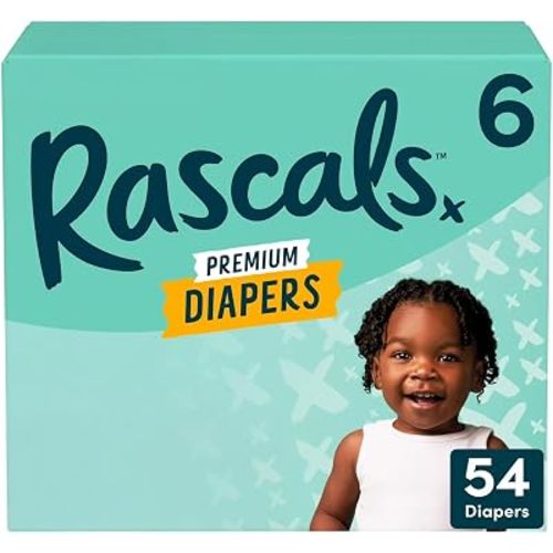Rascals Disposable Baby Diapers Size 6 (54 Count), Absorbent Core, Up to 12 Hours Leak Protection, Gentle on Skin, Secure Fit, Soft Comfort