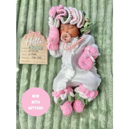 Crochet Ruffled Hat, Booties & Mittens Set - Custom Color