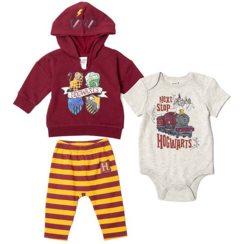 Harry Potter Newborn Baby Boys Fleece Pullover Hoodie Bodysuit and Pants 3 Piece Outfit Set Newborn to Infant