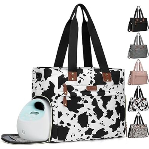 Diaper Bag Tote for Working Mom, Large Travel Diaper Tote for Mom and Dad with 14 Inch Laptop Sleeve, Mommy Maternity Travel Baby Bag for Boys and Girls, Cowprint