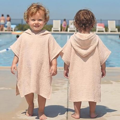 Frienda Muslin Hooded Beach Towel for 0-3 Years Kids Soft Muslin Bath Poncho for Baby Absorbent Fast Drying Blankets for Boys Girls Newborns Toddler Beach Pool Bath Essentials(Khaki)