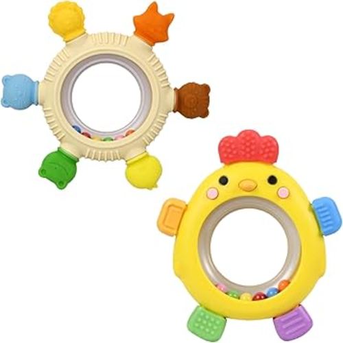 2 Pack Sensory Toys for Babies,Baby Teething Rings Toys for 0-6 6-12 Months Baby Rattle Teether Silicone Teether Relief Chew Soothing,BPA Free,Sore Gums Babys Teethers Toys