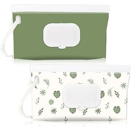 FEBSNOW 2 Pack Baby Wipes Dispenser Holder, Portable Refillable Baby Wet Wipes Pouch Container Reusable Travel Case for Outdoor Hiking, Green Leaves