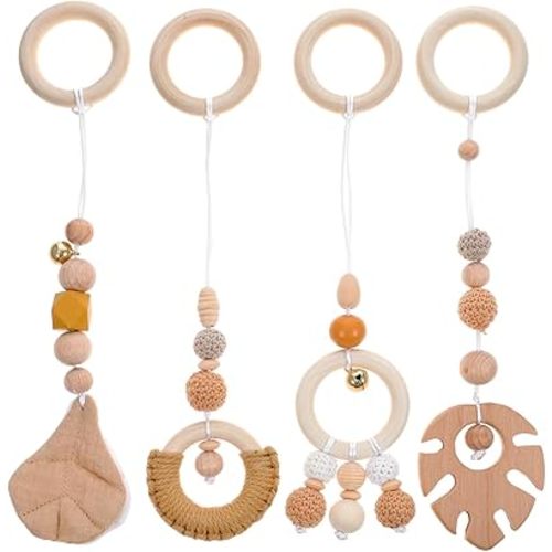 4pcs Leaf Children's Toy Wood Baby Gym Hanging Toys Activity Gym Baby Play Gym Toys Wood Baby Gym Toys Loveevery Plush Toys Baby Playpin Crib Pendant Ornament Yarn, 28x8cm, Khaki