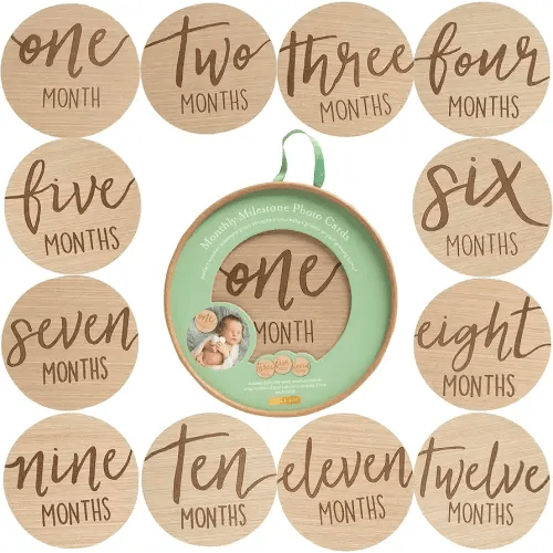 Kate & Milo Wooden Baby Monthly Milestone Photo Props, Round Discs with Classic Cursive Script, Double-Sided Photo Markers for Baby Announcements and Growth Pictures, 1-12 Months
