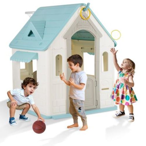 Kids Playhouse with Basketball Hoop and Ring Toss, Spacious Plastic Outdoor Indoor Cottage , Easy Assembly Imaginative Playhouse for Ages 2+