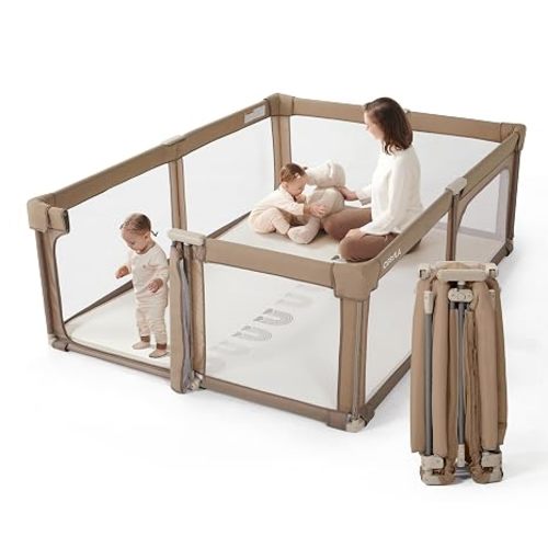 Baby Playpen Portable, Pre-Assembled Play Pen 59x59 Large Foldable Playpen for Babies and Toddlers, Sturdy and Safe Toddler Play Yard Indoor Outdoor with Carry Bag, Dark Khaki
