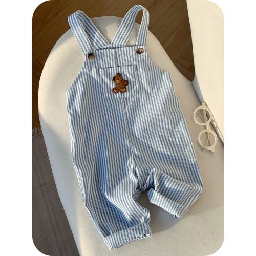 SHEIN Baby Boy Casual Cute Versatile Striped Cartoon Bear Pattern Bib Jumpsuit Baby Boy Overall Set