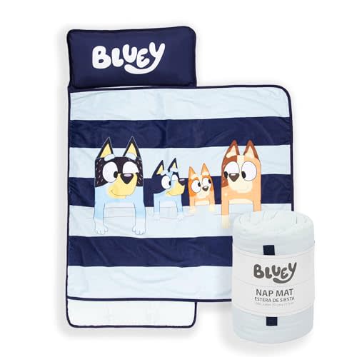 Jay Franco Kids Nap Mat with Embedded Pillow & Blanket – Soft 46"x20" Microfiber Sleeping Bag with Name Tag & Handle for School, Travel, Sleepover, Blue - Bluey