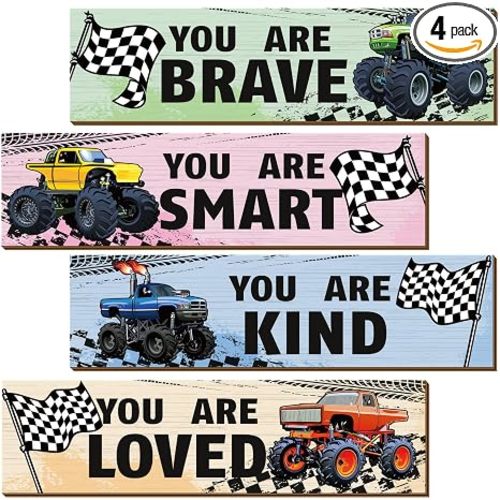 Geetery 4 Pcs Truck Bedroom for Son Wall Decor Construction Truck Room Decor Inspirational Racing Car Wooden Hanging Sign Motivational Quote Car Decoration for Bedroom Living Room Women Men