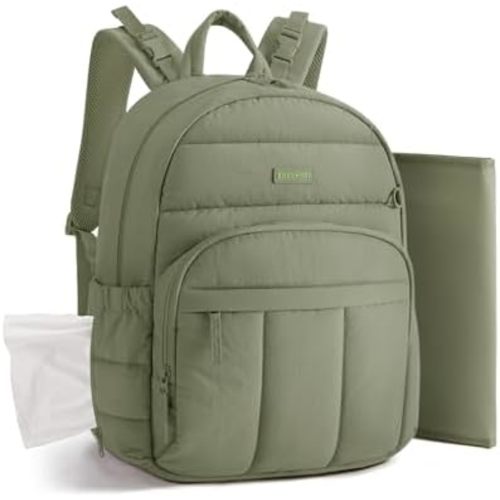 BAGSMART Diaper Bag Backpack, Multi-Pocket Puffy Diaper Bag with Waterproof Changing Pad, Lightweight Stroller-Friendly Diaper Bag with Insulated Pockets, Easy-Access Baby Essential, Green