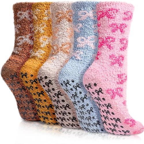 Non Slip Fuzzy Socks for Women Warm Fluffy Socks with Grips Bow Hospital Sock Non Skid Cozy Grippy Sock 5 Pairs