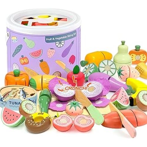 WHOHOLL 42 Pcs Play Food Set for Play Kitchen Accessories, Wooden Toys Pretend Cutting Food, Montessori Fruit and Veggies Christmas Birthday Gifts for Toddlers 3+ Years Old Girls Boys