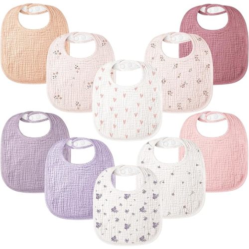 Bearmoss 100% Cotton 10 Pack Muslin Baby Bibs for Drooling and Teething | Soft Absorbent Adjustable Baby Bandana Bibs for Unisex Baby Boys, Girls, Toddlers, Infant, Newborns