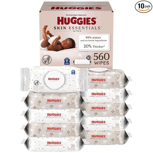 Huggies Skin Essentials Baby Wipes, Hypoallergenic, 99% Water, 10 Flip Top Packs (560 Wipes Total)
