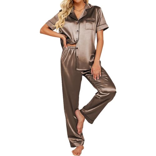Ekouaer Silk Satin Pajamas Set Women Short Sleeve Sleepwear Soft Button Down Loungewear Pjs Set